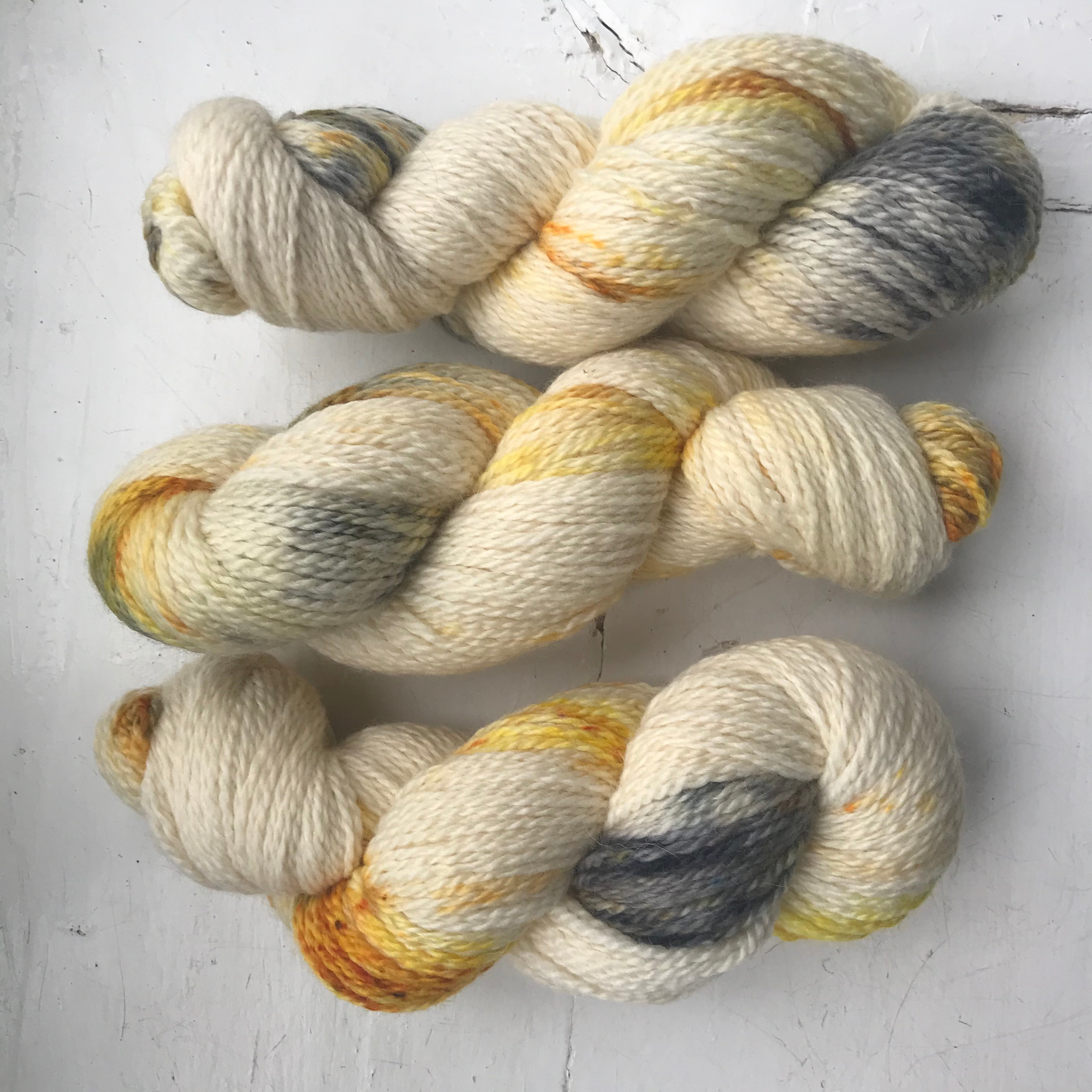 'Nougat' hand dyed BareFaecd Smudge yarn by Jo Storie